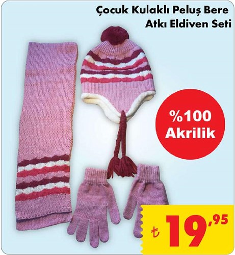 Çocuk Kulaklı Peluş Bere Atkı Eldiven Seti image