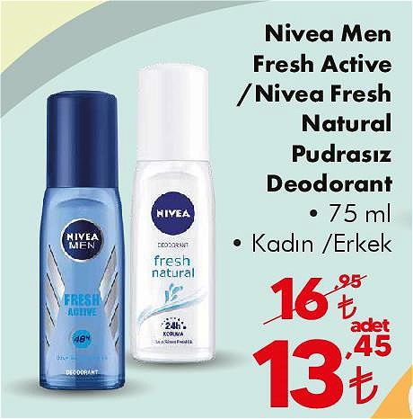 Nivea Men Fresh Active/Nivea Fresh Natural Pudrasız Deodorant 75 ml image