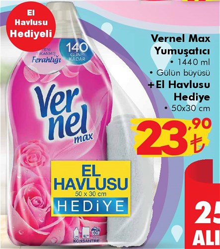 Vernel Max Yumuşatıcı 1440 ml Gülün Büyüsü + El Havlusu Hediye 50x30 cm image