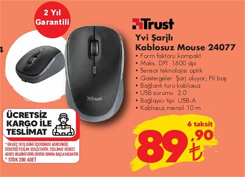 Trust Yvi Şarjlı Kablosuz Mouse 24077 image