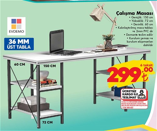 Evdemo Çalışma Masası G:150 Y:72 D:60 cm image
