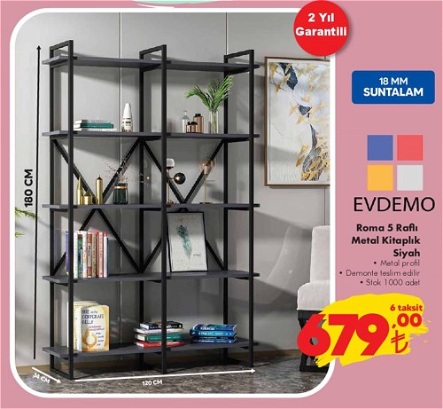 Evdemo Roma 5 Raflı Metal Kitaplık Siyah image