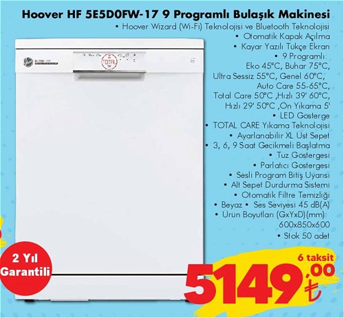 Hoover HF 5E5DOFW-17 9 Programlı Bulaşık Makinesi image