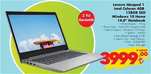 Lenovo Ideapad 1 Intel Celeron 4GB 128GB SSD Windows 10 Home 14.0 inç Notebbok image