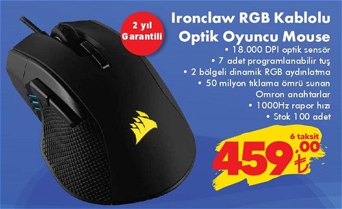 Corsair Ironclaw RGB Kablolu Optik Oyuncu Mouse image