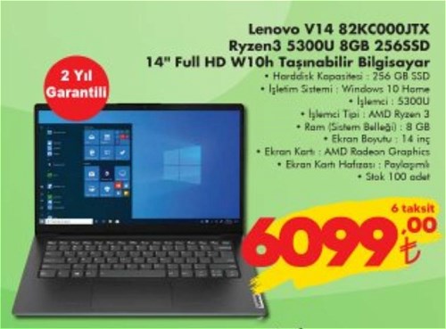 Lenovo V14 82KC000JTX Ryzen3 5300U 8GB 256SSD 14 inç Full HD W10h