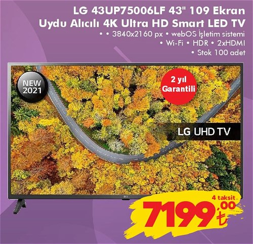 Şok LG 43UP75006LF 43 inç 109 Ekran Uydu Alıcılı 4K Ultra HD Smart LED TV