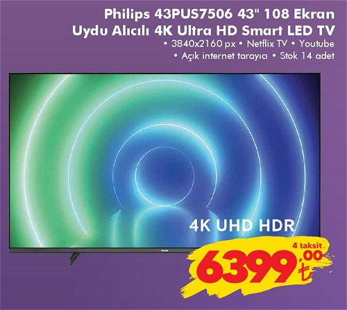 Philips 43PUS7506 43 inç 108 Ekran Uydu Alıcılı 4K Ultra HD Smart LED TV image