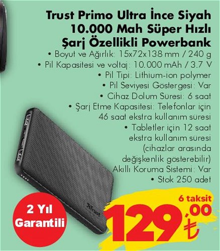 Trust Primo Ultra İnce Siyah 10000 Mah Süper Hızlı Şarj Özellikli Powerbank image