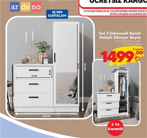 Ardeno İzel 3 Çekmeceli Aynalı Dolaplı Şifonyer Beyaz image