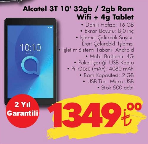 Alcatel 3T 10 inç 32 GB / 2 GB Ram Wifi + 4 G Tablet image
