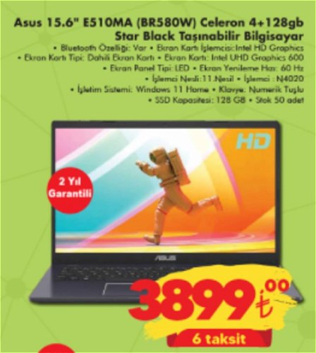 Şok Asus 15.6 inç E510MA BR580W Celeron 4+ 128gb Star Black Taşınabilir Bilgisayar