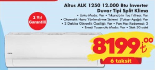 Altus ALK 1250 12000 Btu Inverter Duvar Tipi Split Klima image