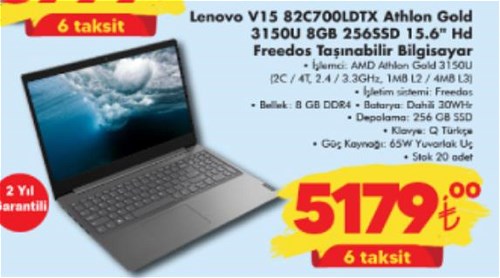 Lenovo V15 82C700LDTX Athlon Gold 3150U 8GB 15,6 inç Hd Freedos Taşınabilir Bilg image