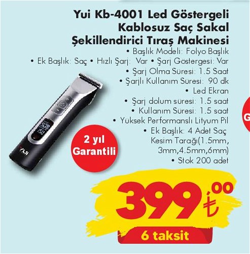 Yui Kb-4001 Led Göstergeli Kablosuz Saç Sakal Şekillendirici Tıraş Makinesi image