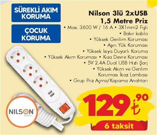 Nilson 3lü 2xUsb 1,5 Metre Priz image