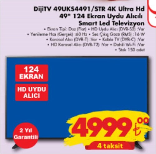 Diji Tv 49UKS4491/STR 4K Ultra Hd 49 inç 124 Ekran Uydu Alıcılı Smart Led Televi image