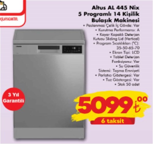 Altus AL 445 Nix 5 Programlı 14 Kişilik Bulaşık Makinesi image