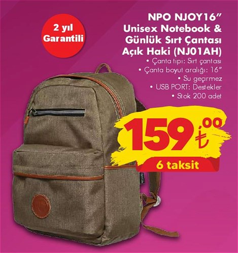 Npo NJOY 16 inç Unisex Notebook&Günlük Sırt Çantası Açık Haki (NJ01AH) image