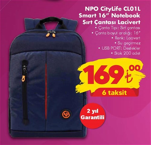 Npo CityLife CL01L Smart 16 inç Notebook Sırt Çantası Lacivert image