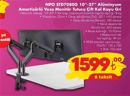 Npo STD7080G 10inç-27inç Alüminyum Amortisörlü Vesa Monitör Tutucu Çift Kol Koyu image