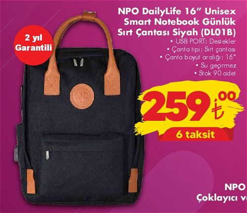 Npo DailyLife 16 inç Unisex Smart Notebook Günlük Sırt Çantası Siyah (DL01B) image