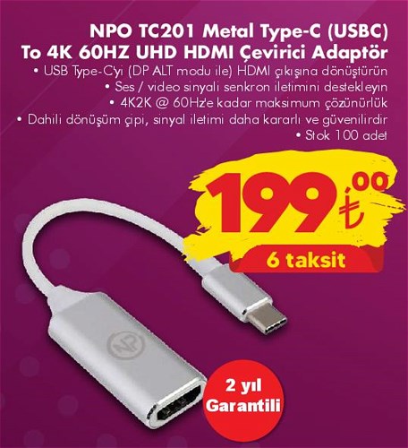 Npo TC201 Metal Type-C (USBC) To 4K 60Hz UHD HDMI Çevirici Adaptör image