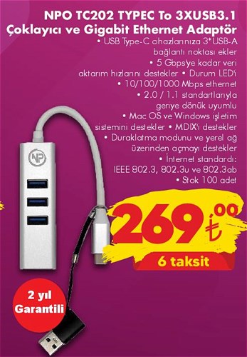 Npo TC202 TYPEC To 3XUSB 3.1 Çoklayıcı ve Gigabit Ethernet Adaptör image