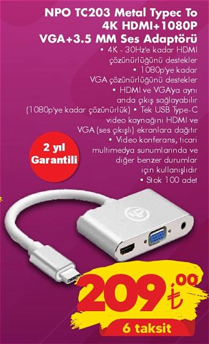 Npo TC203 Metal TYPEC To 4K HDMI+1080P VGA+3,5MM Ses Adaptörü image