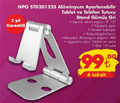 Npo STD20122S Alüminyum Ayarlanabilir Tablet ve Telefon Tutucu Stand Gümüş Gri image