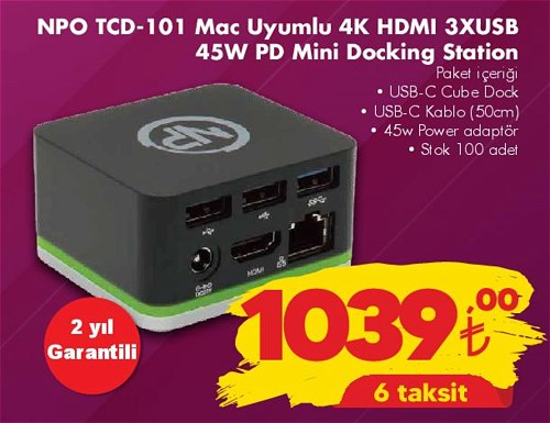 Şok Npo TCD-101 Mac Uyumlu 4K HDMI 3XUSB 45W PD Mini Docking Station