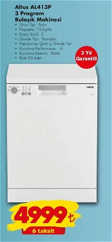Altus AL413P 3 Program Bulaşık Makinesi image