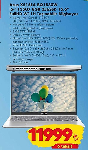Asus X515EA-BQ1830W i5-1135G7 8GB 256SSD 15.6 inç FullHD W11H Taşınabilir Bilgis image