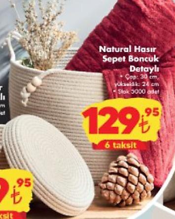 Natural Hasır Sepet Boncuk Detaylı Çap:30 cm Yükseklik24 cm image