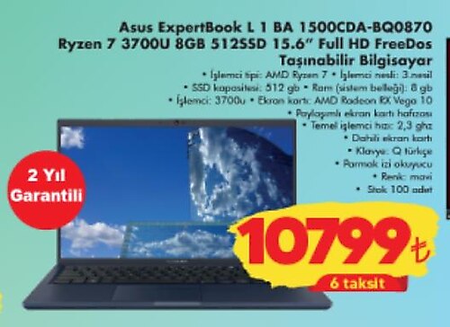 Asus ExpertBook L 1 BA 1500CDA-BQ0870 Ryzen 7 3700U 8GB 512SSD 15.6 inç Full HD  image