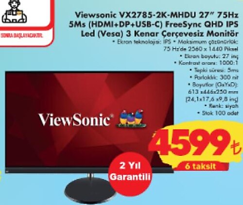 Viewsonic VX2785-2K-MHDU 27 inç 75Hz 5Ms (HDMI+DP-C) FreeSync QHD IPS Led (Vesa) image