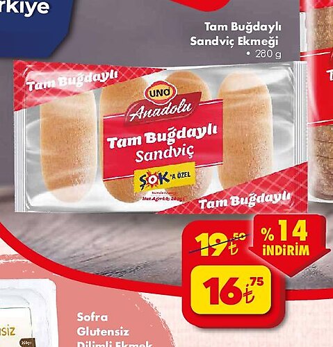 Uno Tam Buğdaylı Sandviç Ekmeği 280 g image