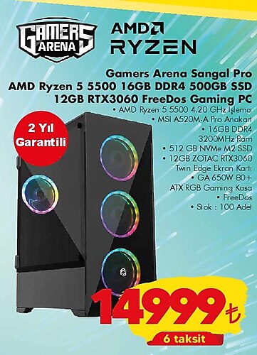 Gamers Arena Sangal Pro AMD Ryzen 5 5500 16GB DDR4 500GB SSD 12GB RTX3060 FreeDo image