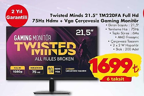 Twisted Minds 21.5 inç TM22DFA Full HD 75Hz Hdmı+Vga Çerçevesiz Gaming Monitör image