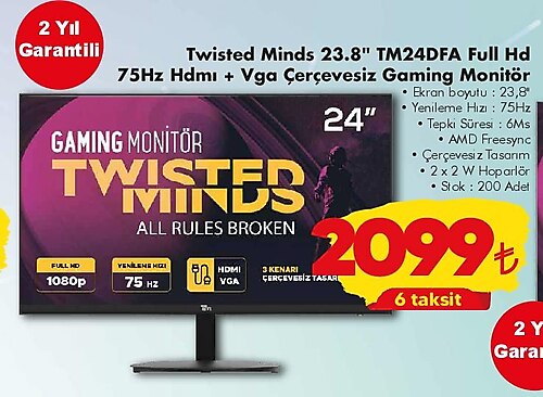 Twisted Minds 23.8 inç TM24DFA Full Hd 75Hz Hdmı+Vga Çerçevesiz Gaming Monitör image