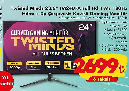 Twisted Minds 23.6 inç TM24DFA Full HD 1 Ms 180Hz Hdmı+Dp Çerçevesiz Kavisli Gam image