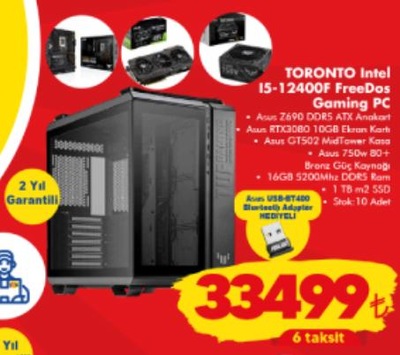 Asus Toronto Intel I5-12400F FreeDos Gaming Pc+USB-BT400 Bluetooth Adaptör Hediy image