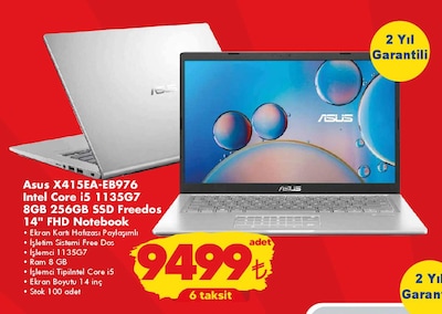 Asus X415EA-EB976 Intel Core i5 1135G7 8GB 256GB SSD Freedos 14 inç FHD Notebook image