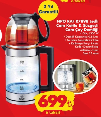 Npo RAF R7898 Ledli Cam Kettle & Süzgeçli Cam Çay Demliği 1500 W image