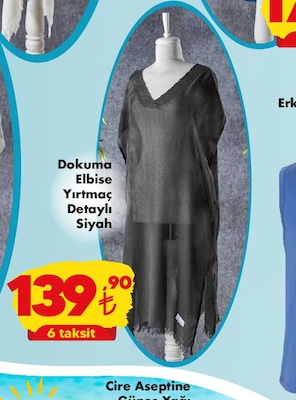 Dokuma Elbise Yırtmaç Detaylı Siyah image