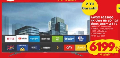 Şok Awox B225000 4K Ultra HD 50 inç 127 Ekran Smart Led Tv