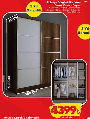 Tiamob Palmiye Sürgülü Gardırop Barok Ceviz-Beyaz 185x180 cm image