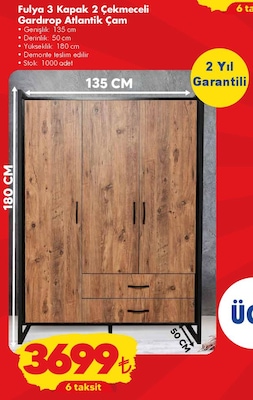Tiamob Fulya 3 Kapak 2 Çekmeceli Gardırop Atlantik Çam 180x135 cm image