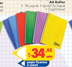 A4 Defter 96 Yaprak Spiralli Pp Kapak Çizgili/ Kareli image