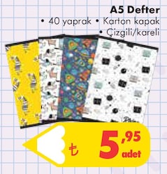 A5 Defter 40 Yaprak Karton Kapak Çizgili/Kareli image